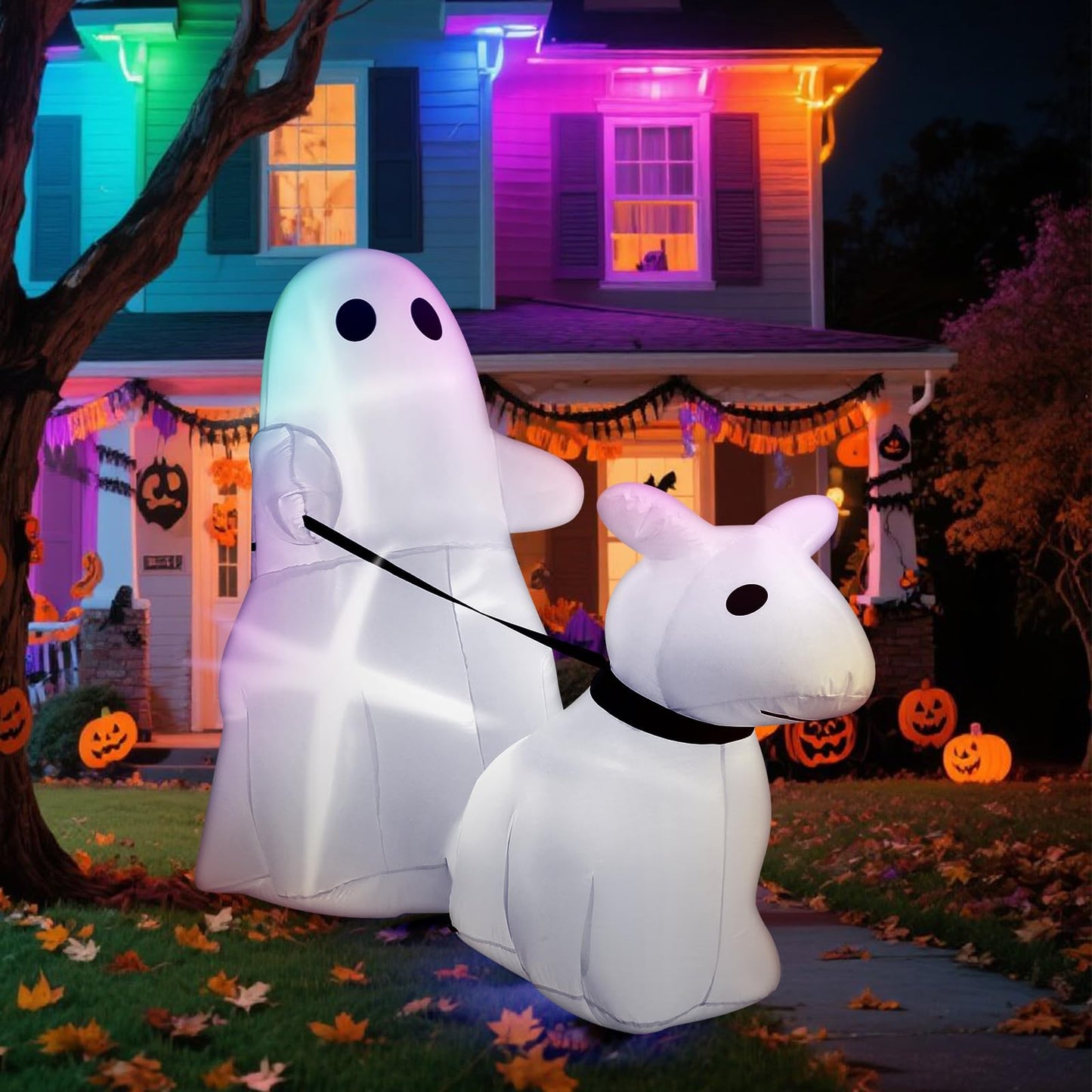Leyndo 5 ft Halloween Inflatables Ghost Walking Dog Outdoor Decoration Halloween Blow up Yard Decorations with Built-in LED Lights for Garden Lawn Patio Holiday Party Decor