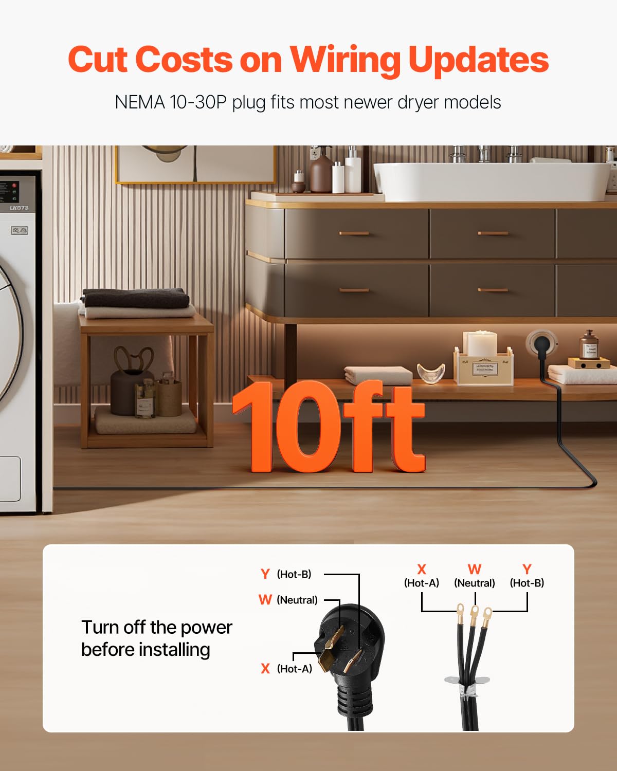 Vevor 10 Ft Dryer Power Cord, 3-Prong Nema 10-30P Appliance Dryer Cord With Eyelet Connectors, 125V/250V, Sdrt 10Awg/3C, 30A, Pu