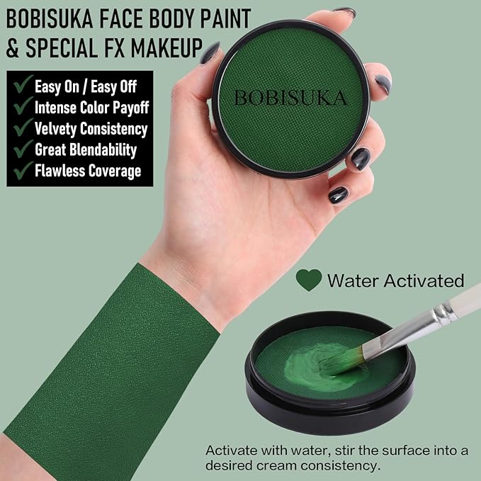 BOBISUKA Dark Green Face Body Paint, Water-Based Face Painting Kit & Body Paints, Kids Adults Facepaint for Halloween Zombie Camo Hunting Orcs Alien SFX Makeup, Costume Cosplay Party Theater & Stage