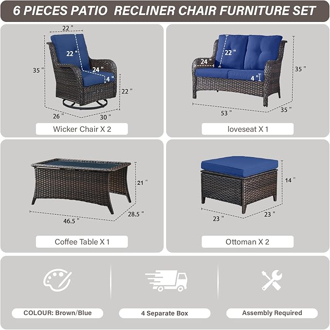 Belord Wicker Outdoor Furniture Patio Furniture Set - 6 Piece Patio Conversation Set with Swivel Rocker Chairs, Loveseat Sofa, Ottomans and Coffee Table, Blue Cushion