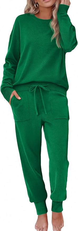 Ekouaer Women's 2 Piece Lounge Set Long Sleeve Knit Pajamas Sweatsuit Jogger Pant Outfits With Pockets S-XXL