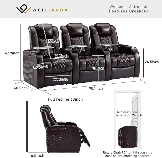 Weilianda Home Theater Seating Top Grain Leather Zero Gravity Recliner Chair Power Headrest Recline Movie Seat Gaming 7 Colors Mood Light Sofa with Tray Table USB Charge Row of 3 Brown