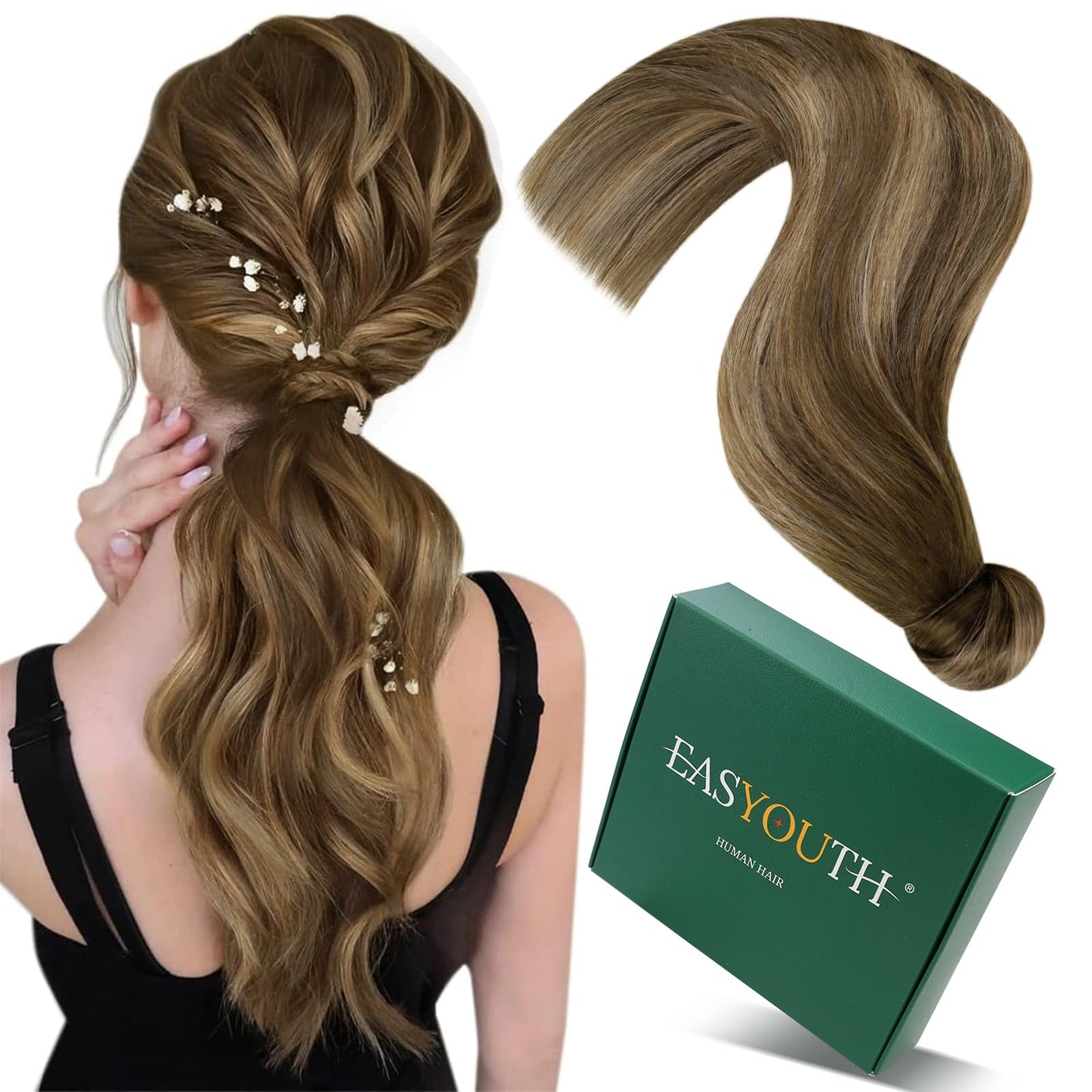 Easyouth Ponytail Extension Human Hair Brown Balayage Ponytail Hair Extensions Medium Brown Balayage Caramel Blonde Real Hair Po