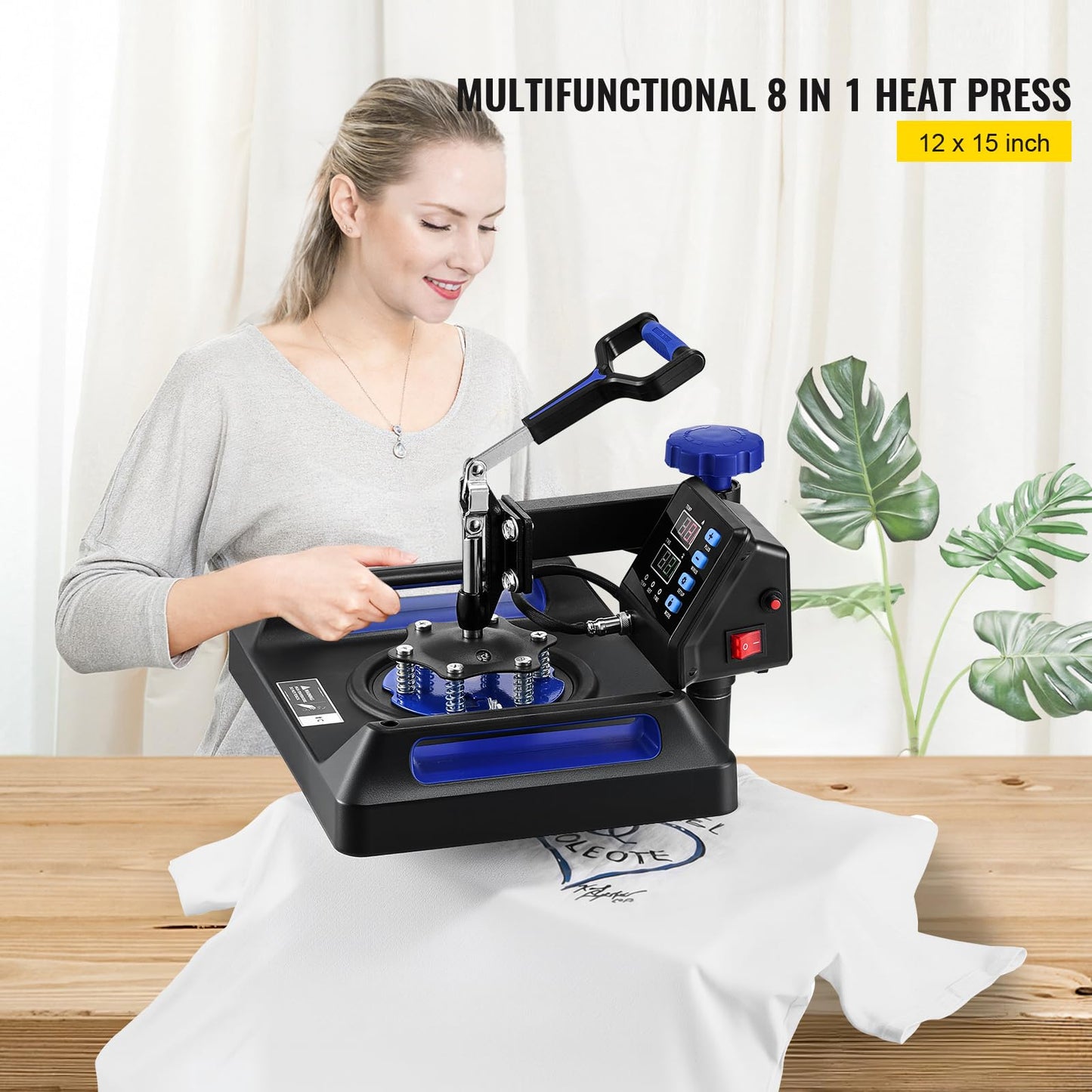 VEVOR Heat Press Machine 12 x 15 Inch 8 in 1 Heat Press Sublimation Machine 360° Rotation Swing Away 8 in 1 Shirt Printing Machine Dual-Tube Heating for DIY T-Shirts Cap & Mugs Blue