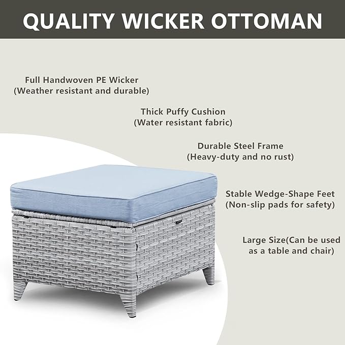 Rilyson Patio Furniture Swivel Chairs Set - 7 PC Wicker Rattan Outdoor Sectional Conversation Sets with Rocking Chairs,Ottoman,Sofa and Coffee Table for Porch Deck Garden(Light Grey/Sky Blue)