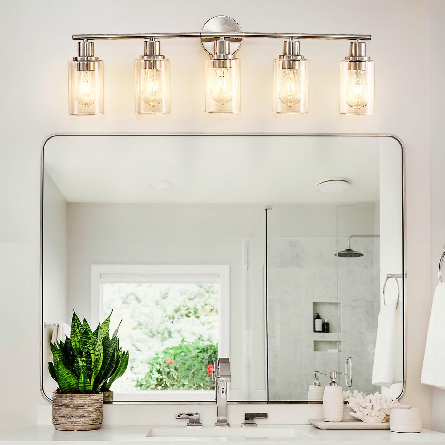 DLLT 5-Light Bathroom Light Fixtures: Nickel Modern Vanity Lights with E26 Bulbs - Clear Glass Shade Bathroom Wall Lamp for Mirror Kitchen Living Room Hallway Cabinet Porch