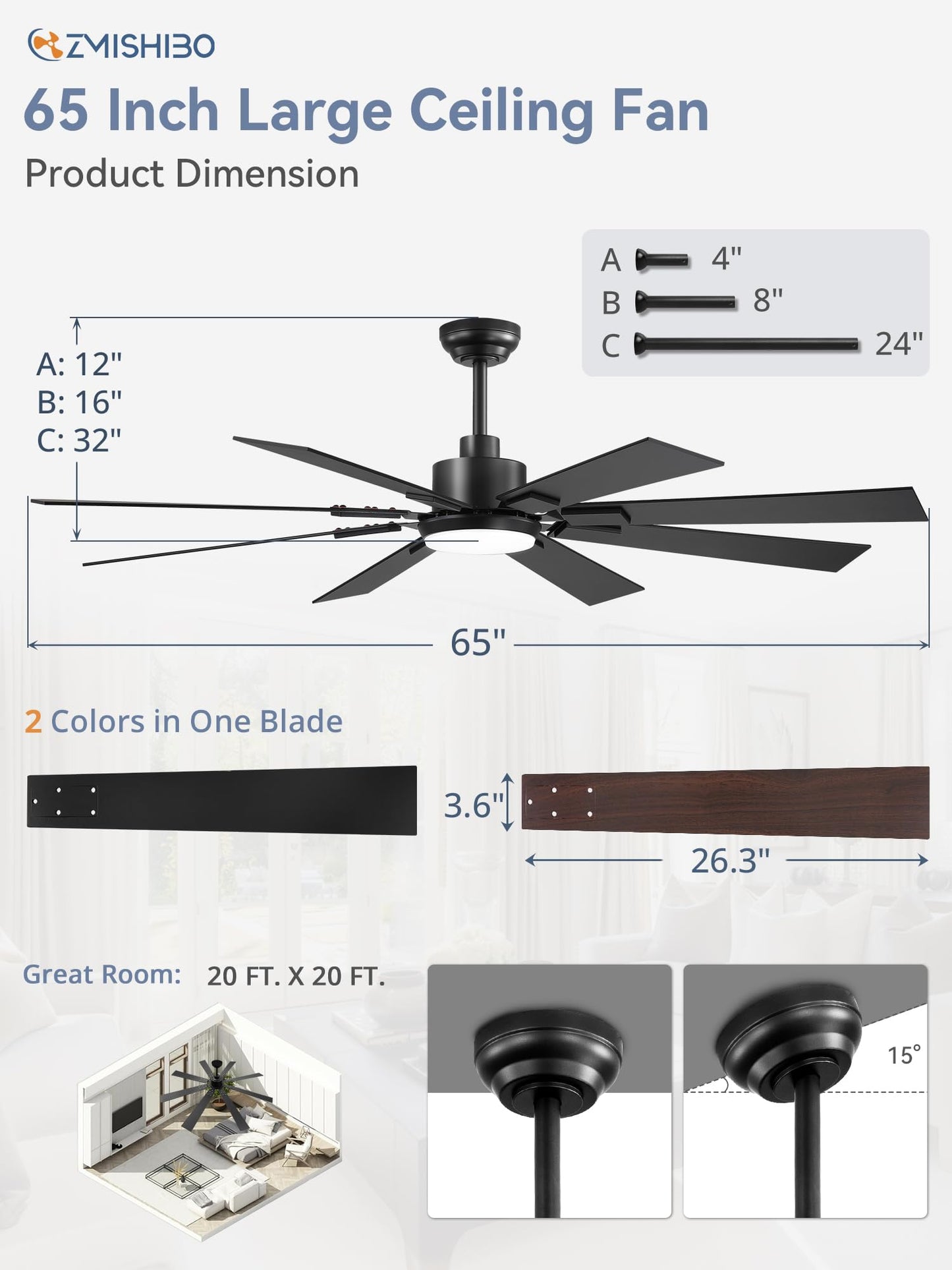 ZMISHIBO 65 Inch Ceiling Fans with Lights and Remote, Black Large Ceiling Fan with 3000-6000K Dimmable, Quiet Reversible DC Motor, 6 Speeds, 8 Blades Indoor/Outdoor Ceiling Fan for Patios Living Room