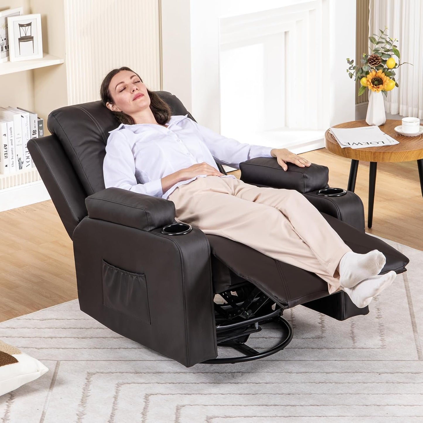 COMHOMA Recliner Chair, Swivel Rocker Recliners, Reclining Sofa with Side Pockets, Cup Holders for Living Room, Bedroom (Brown)
