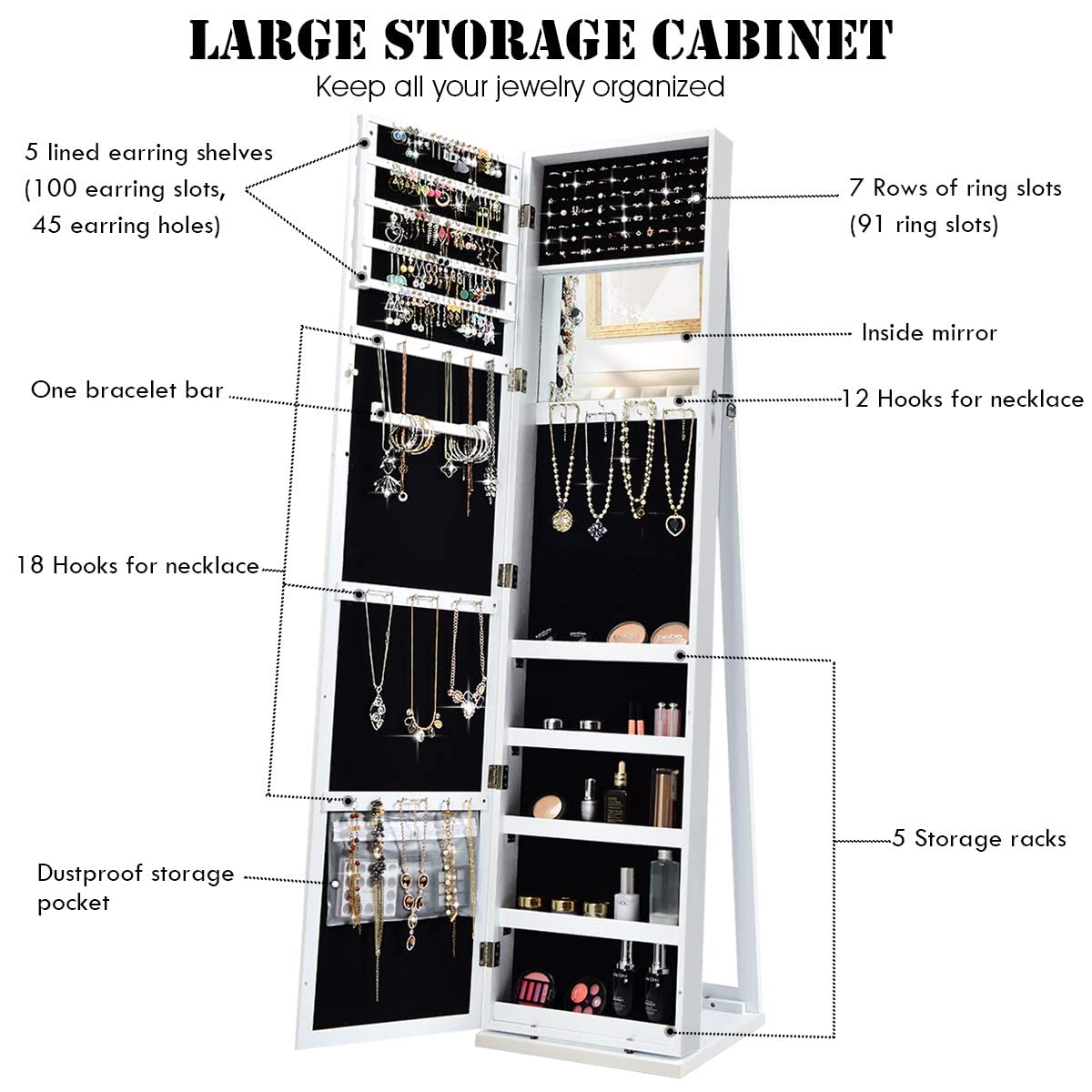 OFFICEJOY Standing Jewelry Armoire w/Full Length Mirror & Inside Mirror, Lockable Jewelry Cabinet Organizer w/Stable Base, Mirrored Jewelry Cabinet Organizer for Necklace, Ring, Earring Cosmetic