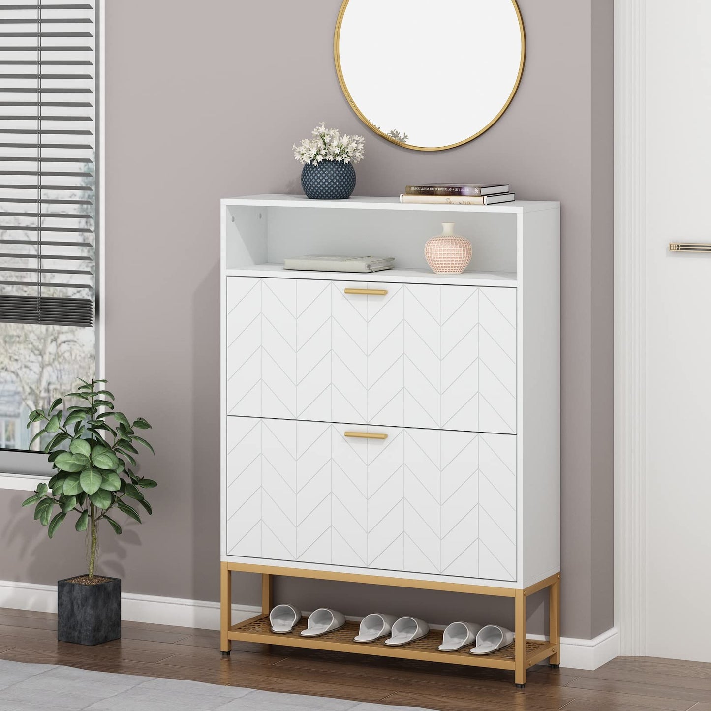Loomie Shoe Cabinet, Free Standing Tipping Bucket Shoe Rack Organizer with 2 Flip Drawers,Entryway Narrow Shoe Storage with Storage Shelf & Top Cubby,Modern Slim Hidden Shoe Cabinet with Doors, White