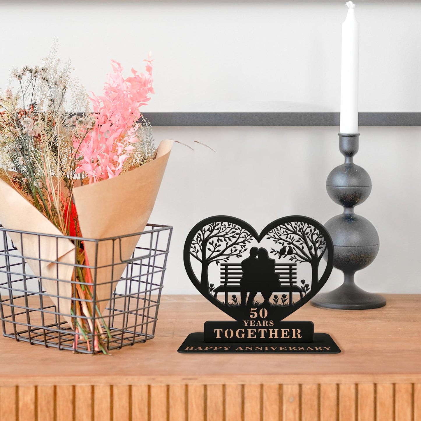 Golden Anniversary Wedding Gifts for Couple, 50th Wedding Metal Tabletop Decor with Engraved Heart, Timeless Home Keepsake for Parents,Couple,Friends