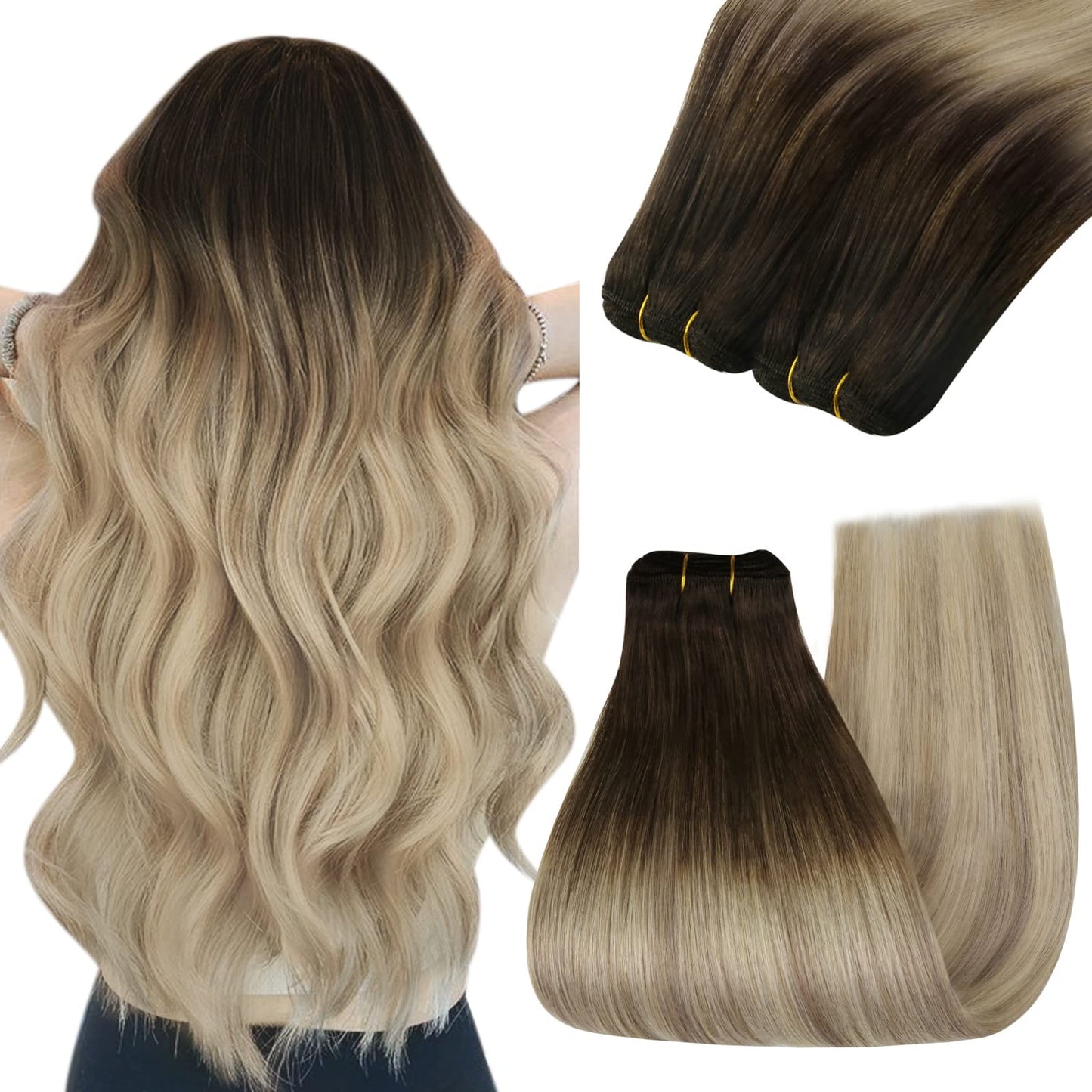 YoungSee Sew in Hair Extensions Real Human Hair Ombre Blonde Weft Human Hair Extensions Dark Brown Base with Medium Ash Blonde a