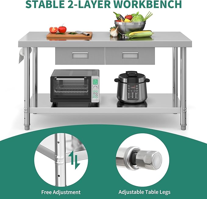 YITAHOME 60" X 24" Stainless Steel Table with Paper Towel Holder and 2 Drawers, NSF Work Table with Drawer, Metal Table Prep Table for Home Kitchen Restaurant Garage Warehouse