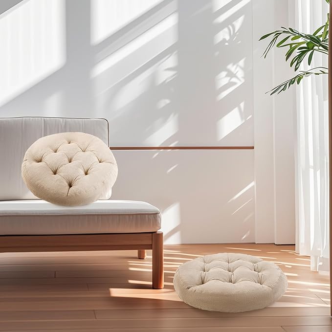 Meditation Floor Pillow, Round Floor Cushions for Adults, Button Tufted Seat Cushions for Yoga Tatami Living Room, Beige, 22 x 22 x 4 in