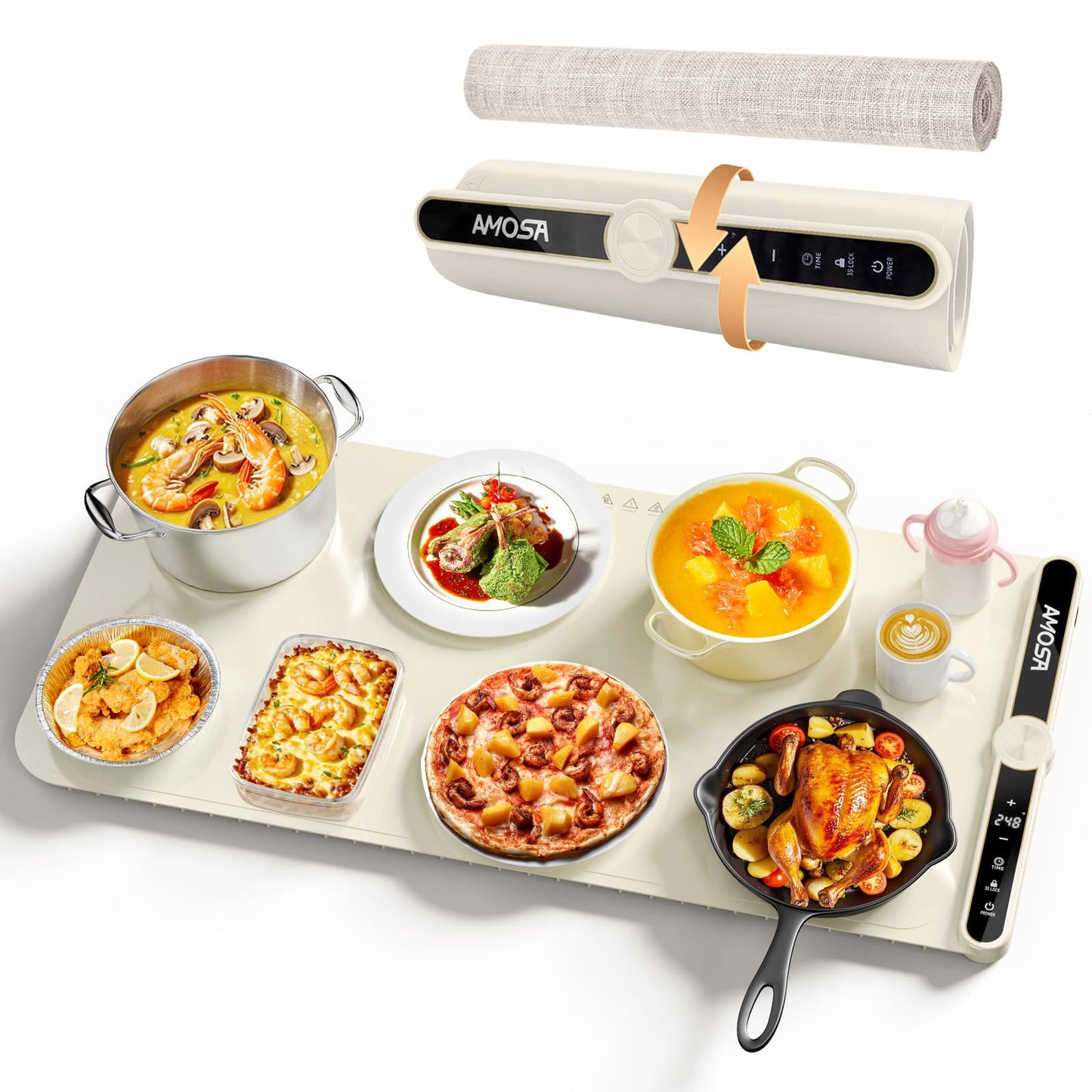 Warming Mat for Food, Fast Heating Electric Food Warmer with 9 Level Temperature and 6 Hours Timer, Extra Large Roll Up Silicone Food Warming Mat, Portable Warming Trays for Buffets Party (Yellow)