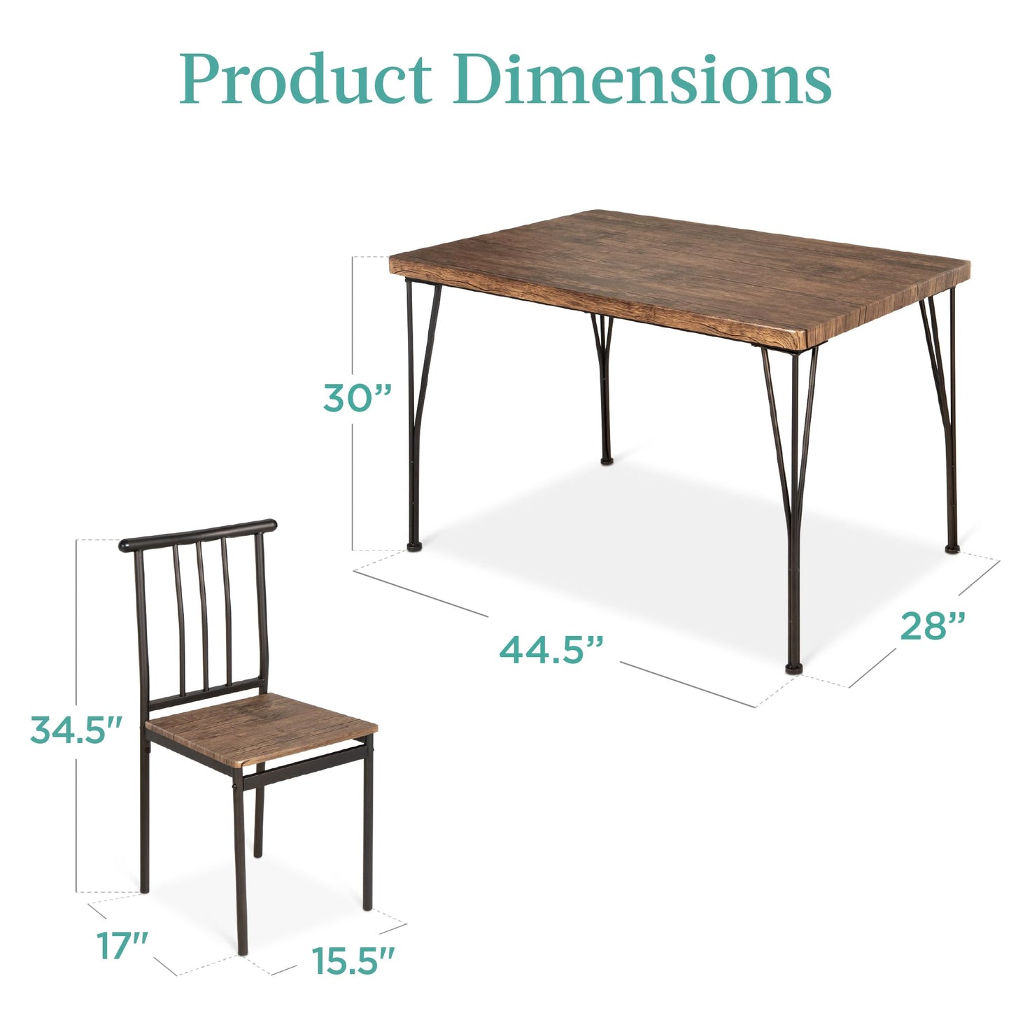 Best Choice Products 5-Piece Metal and Wood Indoor Modern Rectangular Dining Table Furniture Set for Kitchen, Dining Room, Dinette, Breakfast Nook w/ 4 Chairs - Drift Brown
