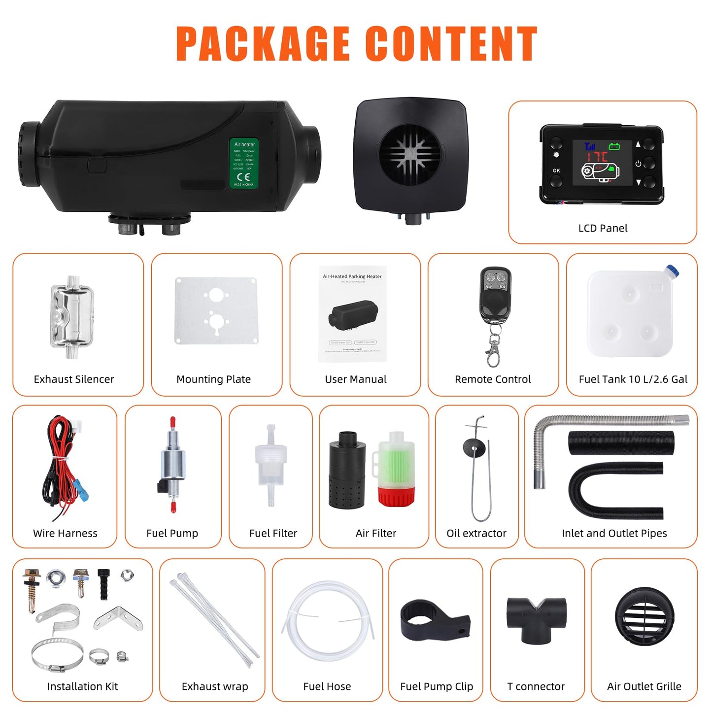 Diesel Air Heater，8KW 12V Split Portable Diesel Car Heater With Remote Control, Lcd Display, Muffler No-Punch 9L.Knob Switch Tank,Diesel Parking Heater for Rv Trailer Camper Van Boat And Indoors