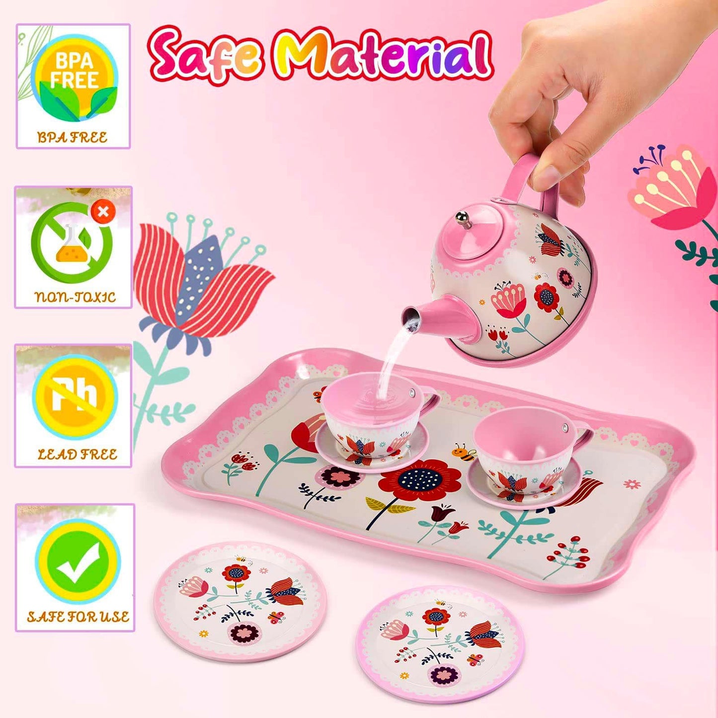 Lajeje Tea Party Set for Toddlers & Little Girls Ages 3-6 – Princess Pretend Play Kitchen Toy with Tin Tea Set, Desserts & Carrying Case