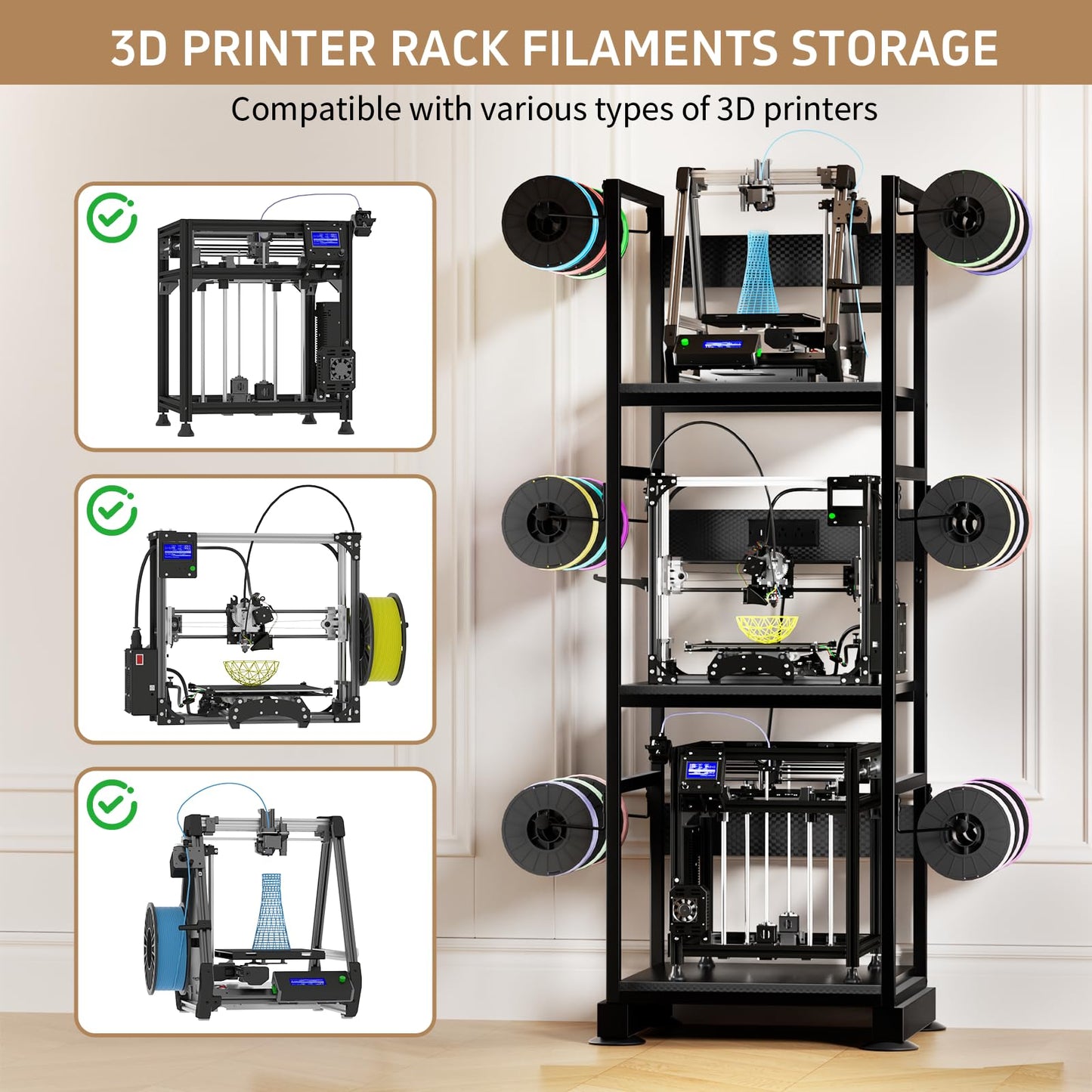 MILEFA 3DPrinter Stand with Filament Storage,3D Printer Rack with Power Outlet,Heavy-Duty 3D Print Storage Shelf for ABS/PLA/TPU Filament Spools,Perfect for 3D Printing Workshops,Carbon Fiber Black