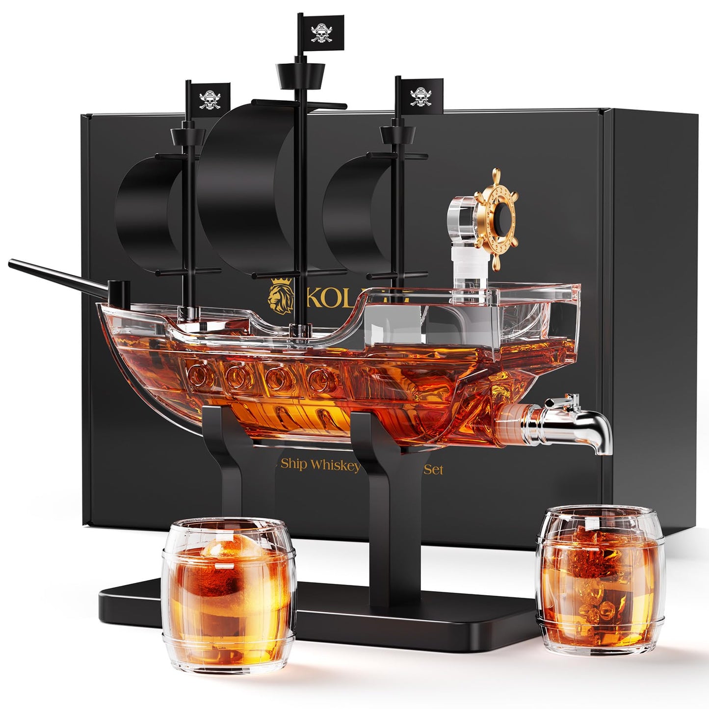 Kollea Birthday Gifts for Men Dad, Pirate Ship Whiskey Decanter Set with 2 Glasses, Liquor Dispenser for Home Bar, Funny Gift Ideas for Him, Husband, Father, Boyfriend, Anniversary, Sailor & Captain