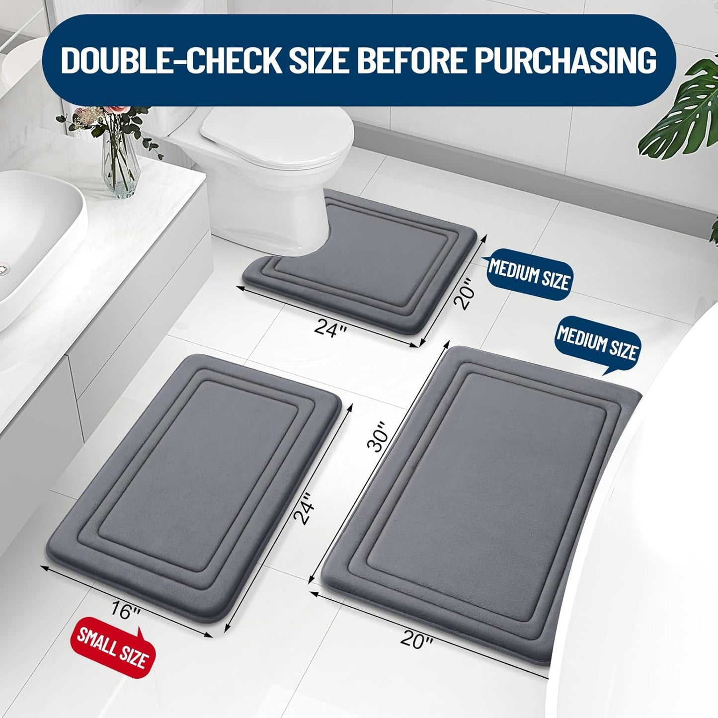 Grandaily Memory Foam Bath Mat Rug 24x16, Ultra Soft, Non-Slip and Absorbent Bathroom Rugs, Machine Wash Dry, Comfortable Bath Carpet for Bathroom Floor, Tub and Shower, Dark Grey