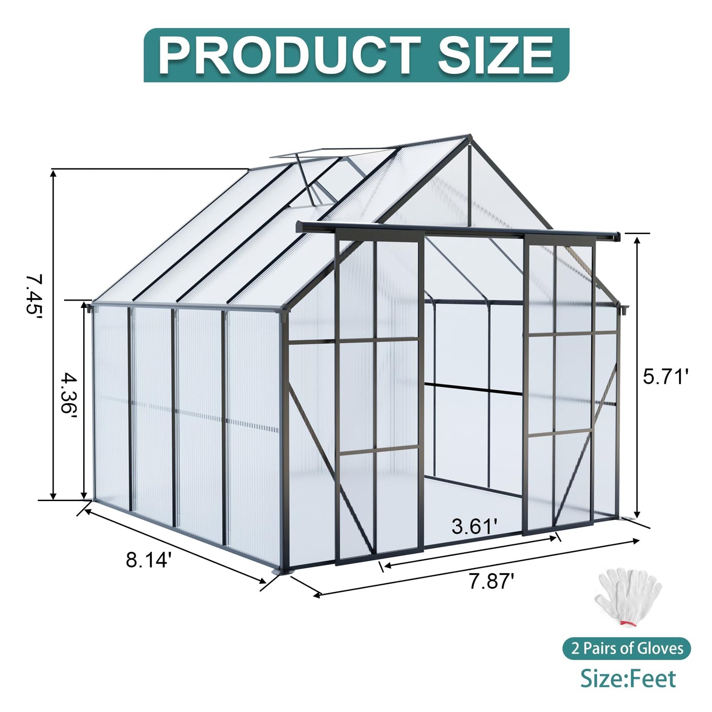 8x8 FT Black Outdoor Walk-in Polycarbonate Greenhouse Dual Sliding Doors Adjustable Roof Vent Aluminum Frame Galvanized Base Heavy Duty Backyard Gardening Plant House UV Resistant Greenhouse Kit