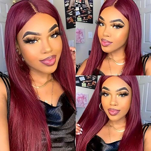 LUOSIWLD 99j Lace Front Wigs Human Hair Glueless Transparent Wigs for Women Burgundy Straight 150% Density 13×4 HD 20 inch