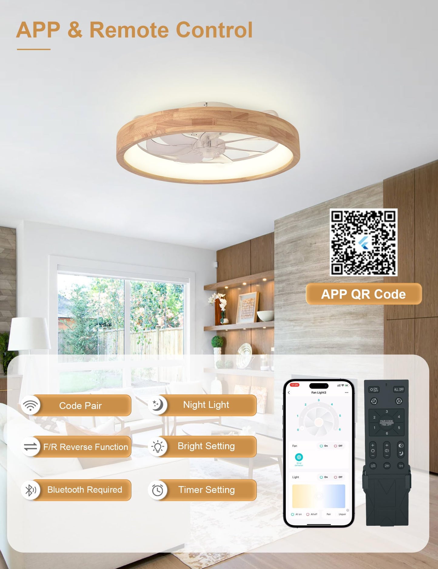 Curve Curio 20'' Low Profile Ceiling Fans with Lights Modern Flush Mount Wood Ceiling Fan and Remote Dimmable LED