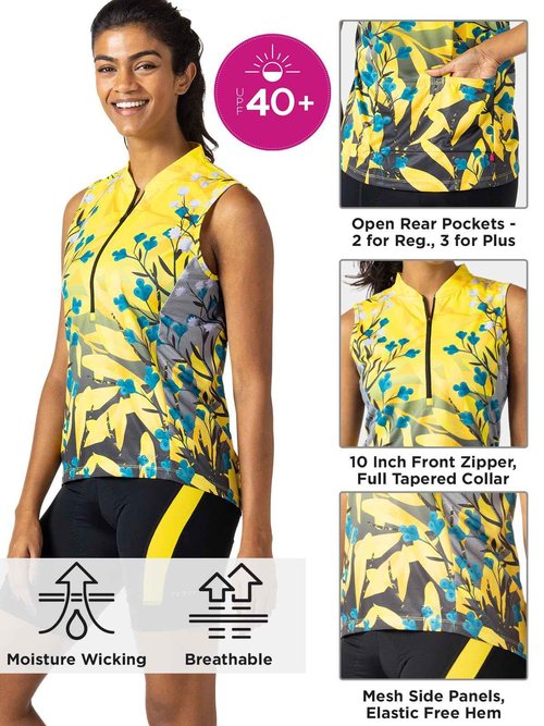 Terry Breakaway Mesh Sleeveless Cycling Jersey Women UPF 50+ 10 Inch Front Zip Relaxed Fit Tank Reg. & Plus Sizes - Chain Forest Yellow, X Large