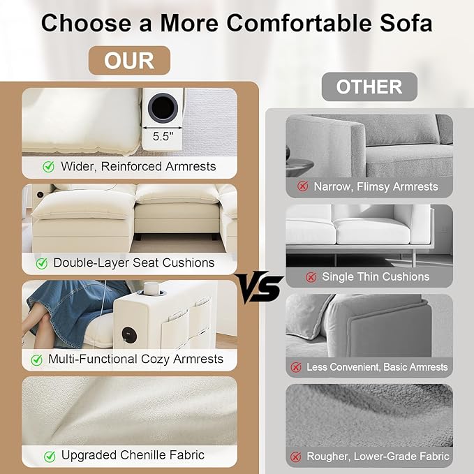 KCGKCG 152" Modular Sectional Sofa, U Shaped Cloud Couch with Movable Ottoman, Chenille Deep Seat Cloud Sofa with Charging Station, Cup Holder, Side Pocket, Sectional Couches for Living Room, Beige