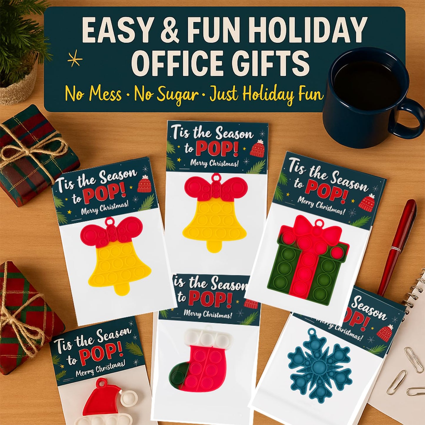 Christmas Pop Its Gift Pack for Students, Bulk Holiday Toys, Goody Bag Stuffers, Office Party Favors