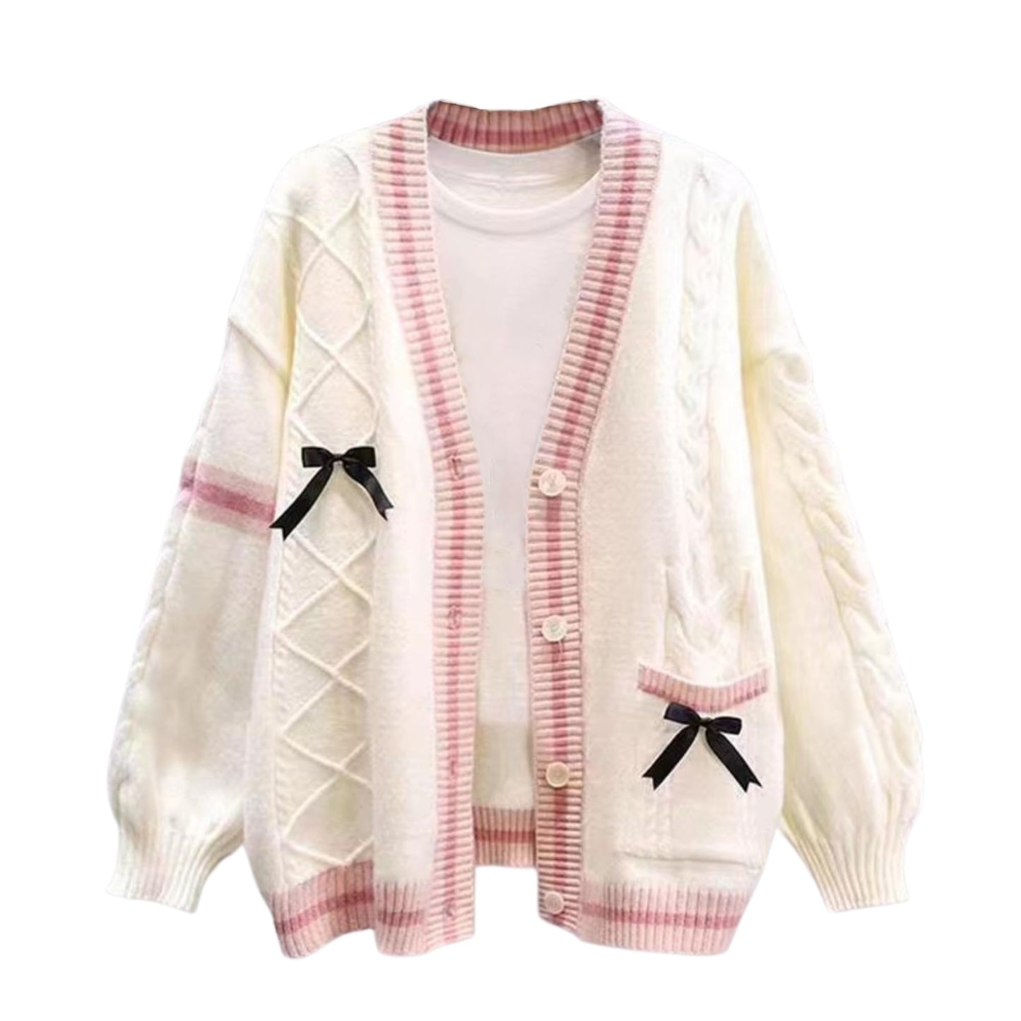 Chevara Women’s Cute Sweet Cardigan Sweater Kawaii School Uniform Button Long Sleeve V-Neck Knitted Outerwear(0133-01Beige-OneSize-CW)