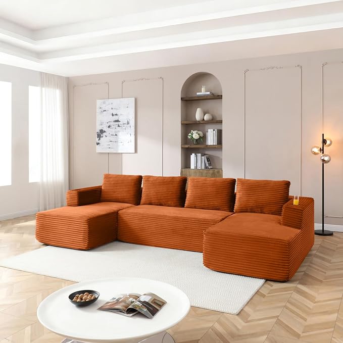 132" Modular Sectional Sleeper Sofa, Boneless Cloud Couch for Living Room, U Shaped 5 Seat Sofa with 2 Cup Holders, Free Combination, No Assembly Required (Orange)