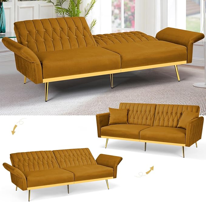 ACMEASE 70” Velvet Futon Sofa Bed with 2 Pillows and Adjustable Armrests, Convertible Sleeper Bed W/Adjustable Backrests, Modern Loveseat for Living Room, Bedroom, Ginger