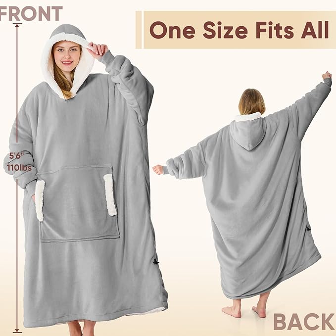 yescool Wearable Blanket Hoodie, Flannel Sherpa Fleece Blanket Sweatshirt for Adults Women Men,One Size Fits All