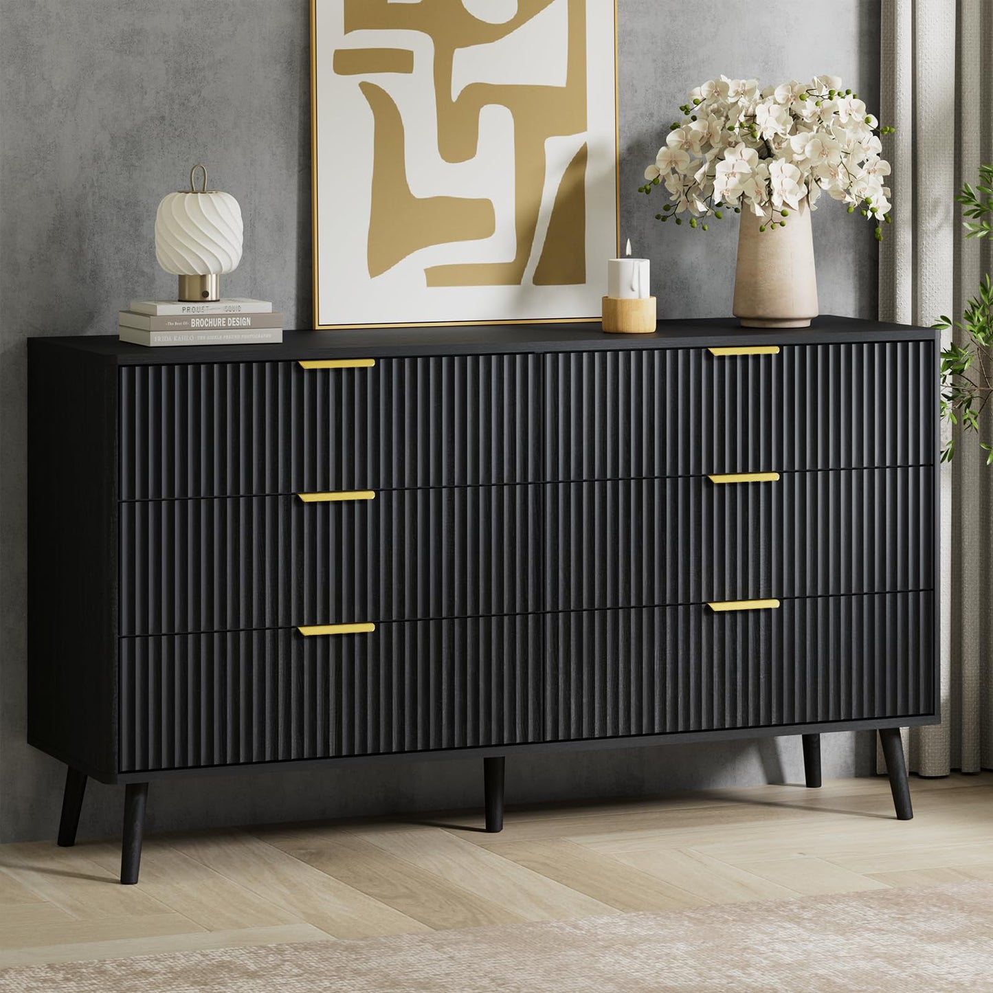 LYNSOM 55" Wide Fluted Dresser for Bedroom with 6 Drawer, Modern Chest of Drawers with Curved Profile Design and Metal Handles, Wood Dresser TV Stand & Storage Organizer for Living Room, Black