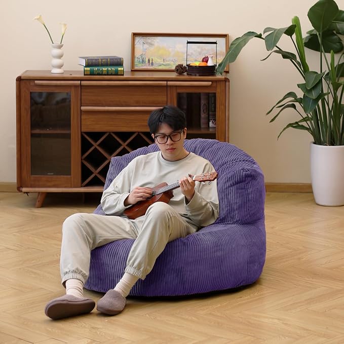 N&V Large Crescent Bean Bag Chair, Adult Size Bean Bag Sack, Foam Filling, Soft Premium Corduroy Bean Bag for Living Room Bedroom Dorm and Office (Future Dusk)