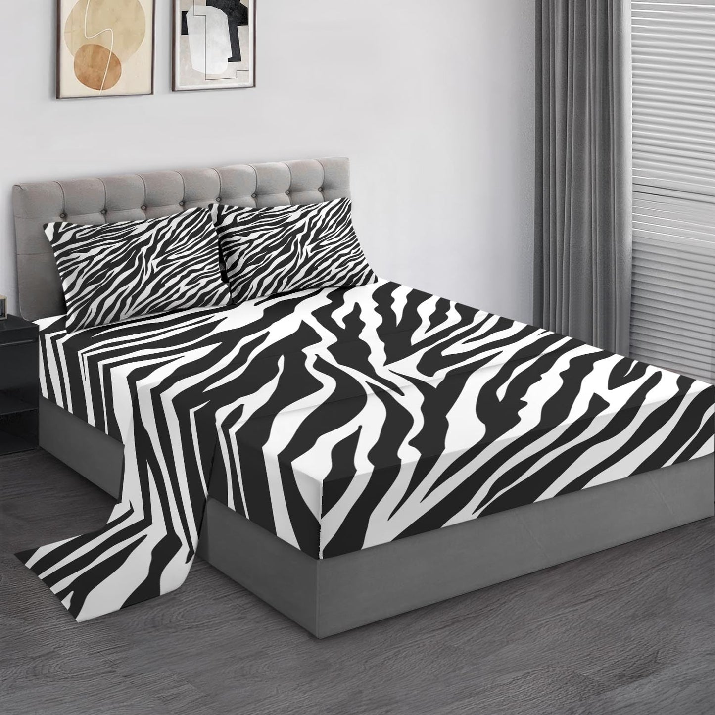 Pamnest Queen Size Bed Sheet Sets, Tiger Zebra Stripe Animal Soft Microfiber 4 Pcs Bedding Sets for Kids and Adults Bedroom Bed Decor, Black White Flat, Fitted Sheet and Pillowcases