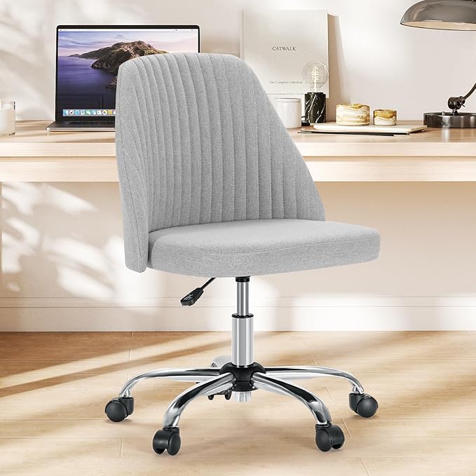 Sweetcrispy Armless Vanity Chair, Cute Comfy Home Office Desk Chair with Wheels, Modern Upholstered Task Computer Seat for...