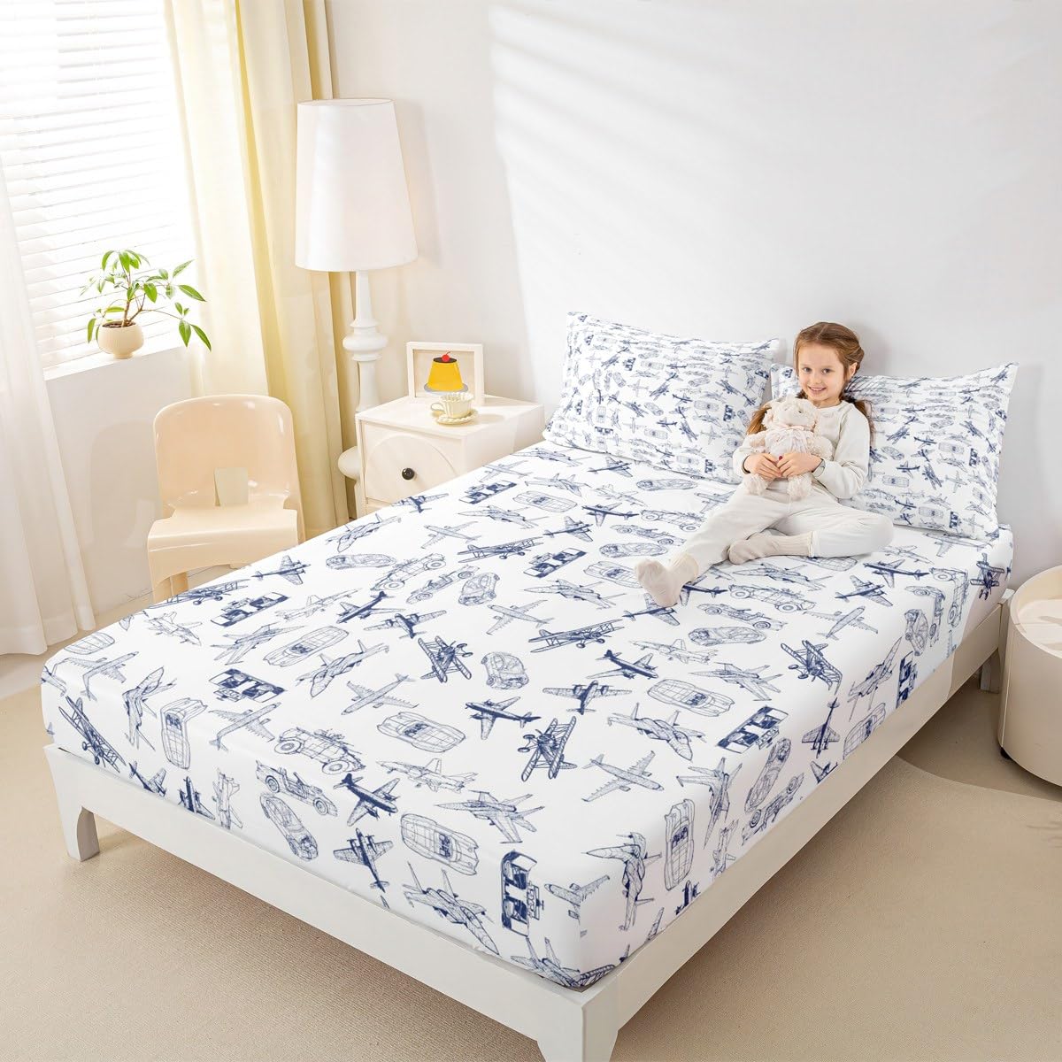 Aircraft Bed Sheet Set Kids Airplane Print Fitted Sheet Boys Girls Decor Aircraft Flying Bedding Set Microfiber Sketch Style Blue White Bedspread Cover Bedroom Full Size