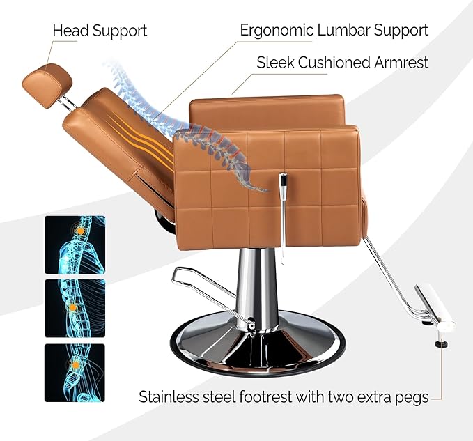 OmySalon Hydraulic Barber Chair Heavy Duty, Salon Chair for Hair Stylist All Purpose, Reclining Hair Salon Chair for Braiding Shampoo Facial Waxing Beauty Spa, 360 Degree Swivel, Camel