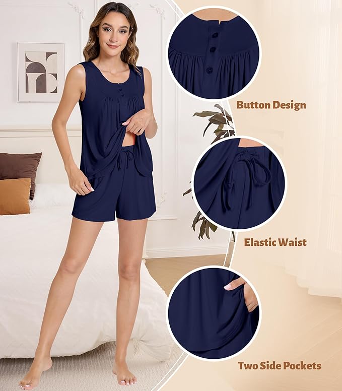 NACHILA Pajamas for Women-Viscose from Bamboo, Ribbed Racerback Tank Top Sexy Split Shorts Pajama Sets Cooling Sleep Cami Pjs