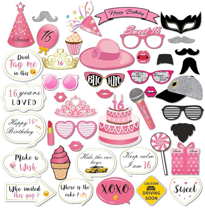 CC HOME Sweet 16 Photo Booth Props,Happy Sixteen Photo Booth Props for 16th Birthday Party Supplies for Girls 44 Pcs