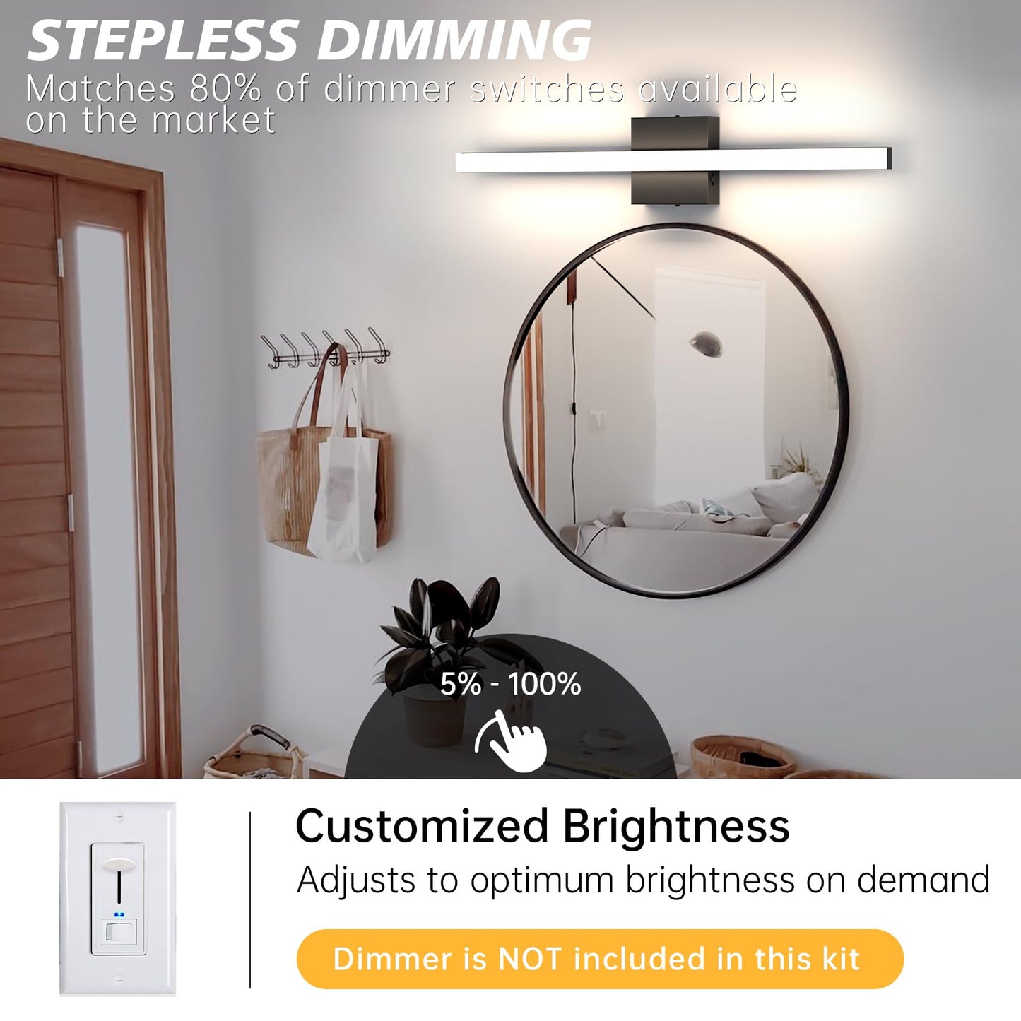 Aourow Modern Bathroom Vanity Lights 20W 2000lm 23.6in,Dimmable 5CCT LED Vanity Lighting Fixture Over Mirror,IP44 Wall Mounting Mirror Light Bar for Bathroom Cabinet(Matte Black)