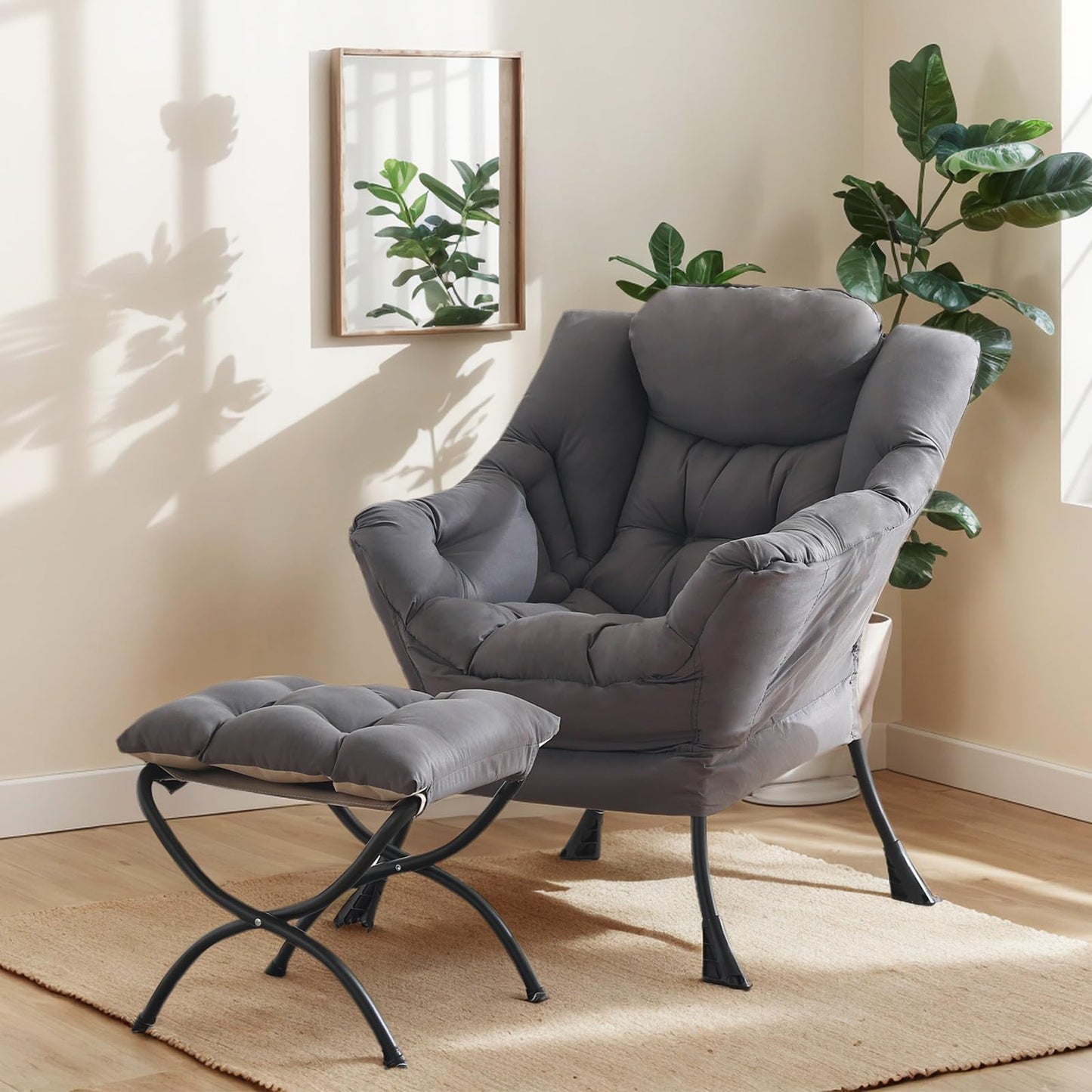 HomEastlly Lazy Chair with Ottoman, Reading Armchair with Armrests and Footrest, Large Modern Lounge Accent Chair with Ottoman, Leisure Sofa Chair for Living Room, Bedroom, Dorm Room (Dark Grey)