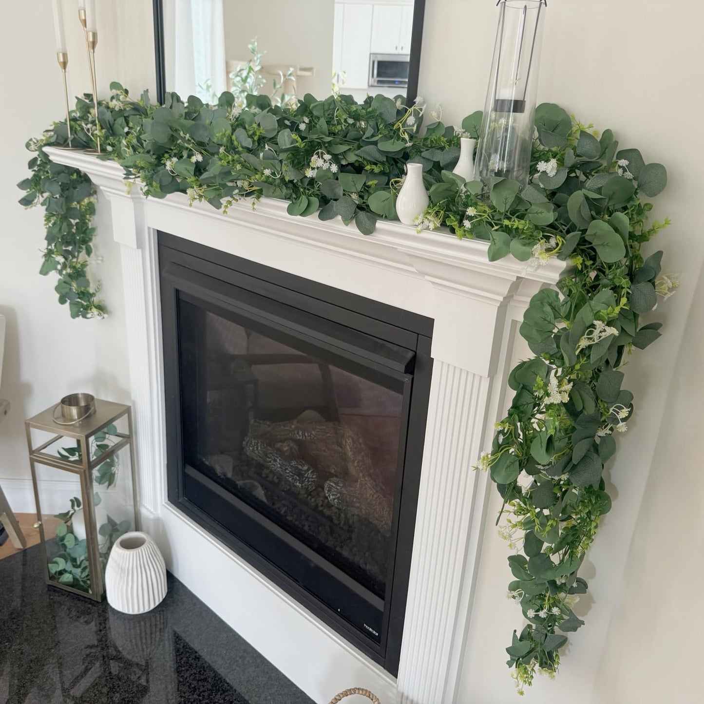 CQURE 5Pcs Eucalyptus Garland,Artificial Eucalyptus Leaves Table Greenery Garland Wreath Vines for Wedding Table Fireplace Bedroom Room Decor