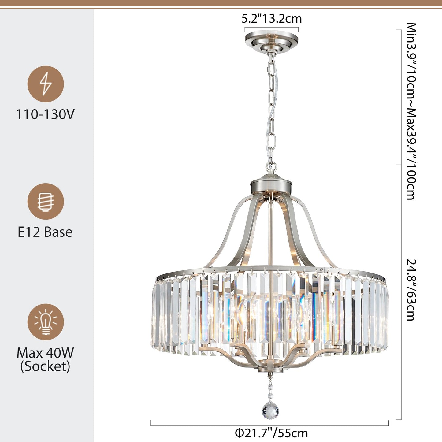 peskoe Modern Crystal Chandeliers Round 6-Light Large Brushed Nickel Pendant Lighting Fixture for Dining Room Living Room Kitchen Island Bedroom Hallway 21.7" Adjustable Height Hanging Lamp