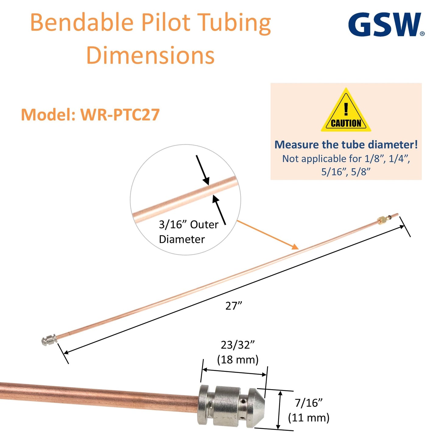GSW WR-PTC27 3/16"OD x 27"L Bendable Pilot Tubing with Pilot Tip, Nut & Sleeve, Chinese Wok Range Accessory for Commercial Restaurant Kitchen Gas Equipment