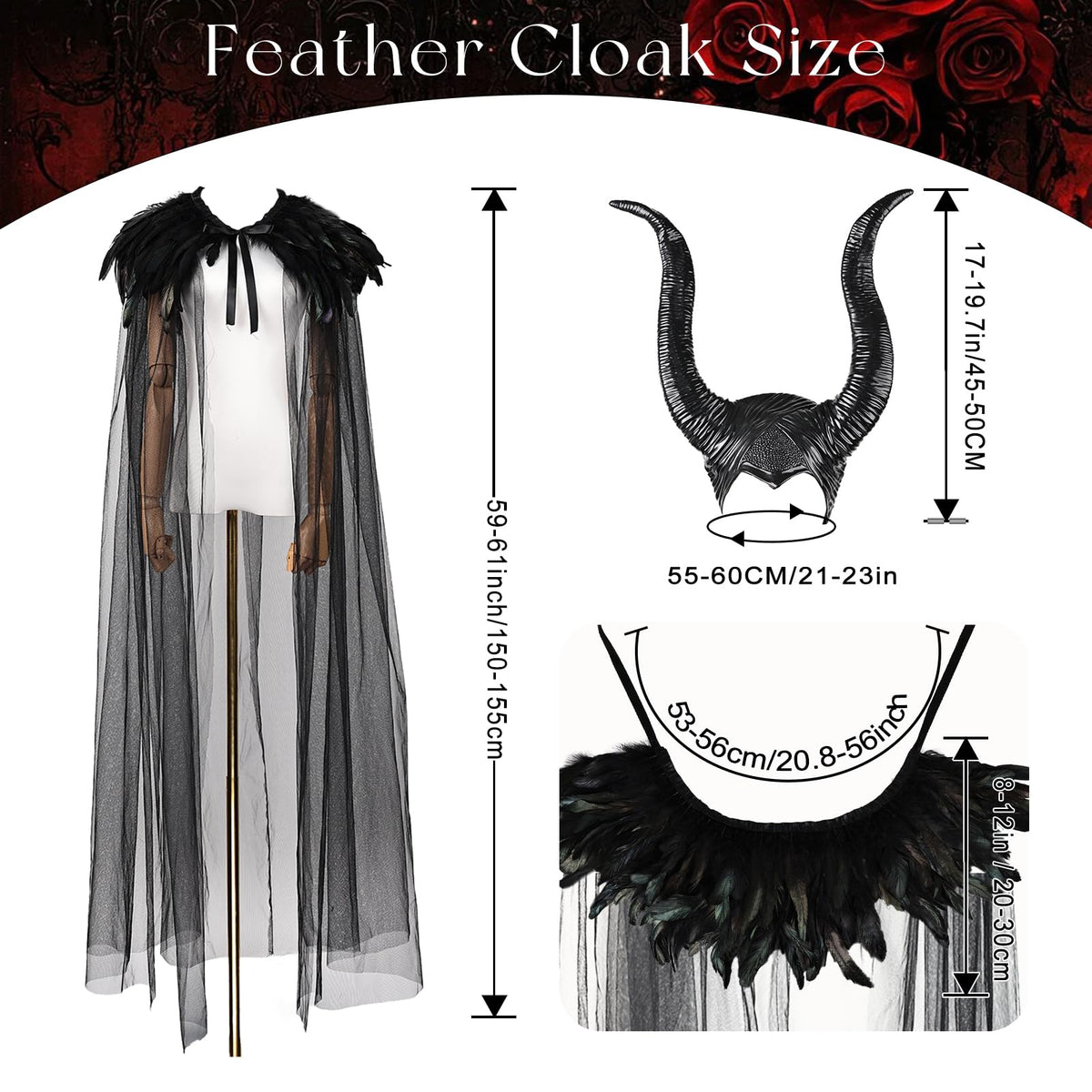 MAOFENG Women's Gothic Evil Queen Costume Demon Horns with Black Feather Collar Mesh Cloak Set for Halloween Cosplay Party