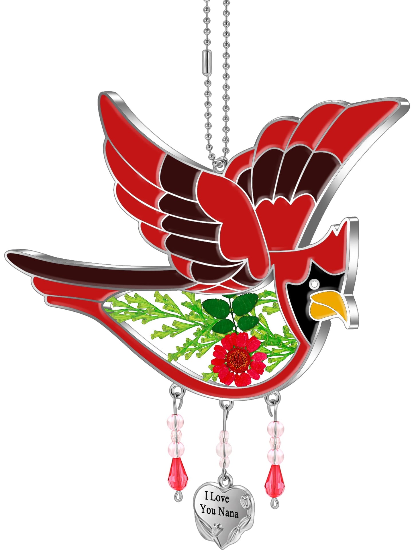 KY&BOSAM Cardinal Suncatcher I Love You Nana Gifts Stained Glass for Windows Hangings Wind Chime Ornament with Pressed Real Flowe and Heart Charm Birthday Gifts for Nana Women Mother's Day Christmas